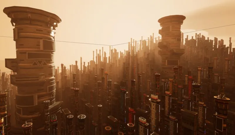 An image of a large sci fi city in the sunset.