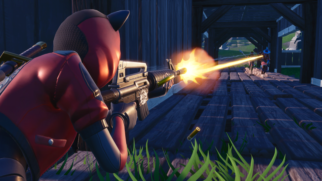 A Fortnite character shooting at another Fortnite character with a rifle.